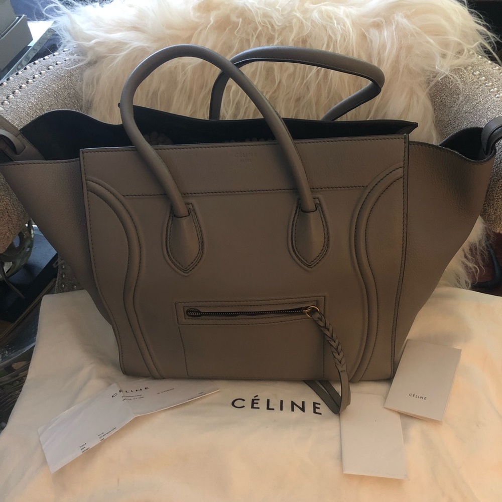 Large pearl gray leather CELINE Phantom - Picture 2 of 8